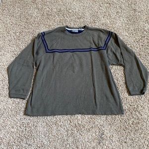 olive green crew neck sweater with navy blue and white stripe